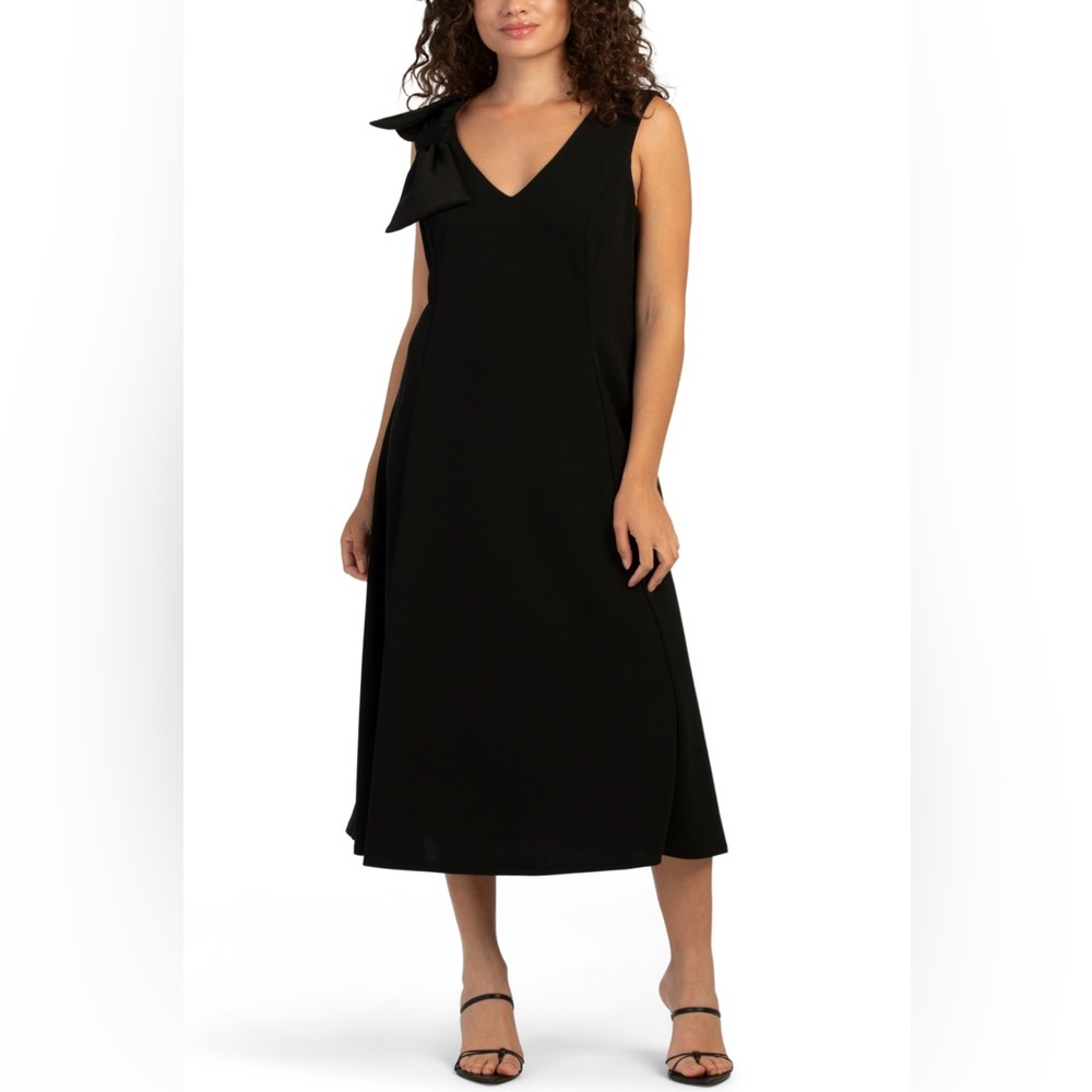 ISAAC MIZRAHI NEW YORK V-Neck Elegant Black Bow Midi Dress, Size 14